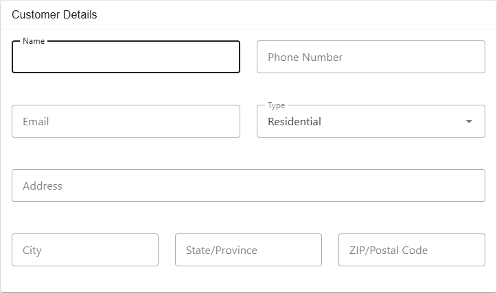 The Customer Details section of the new customer form, with name, phone, email, type, and address fields