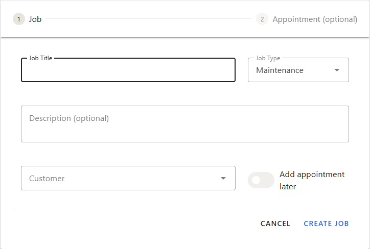 Step one of the new job wizard: job title, job type, description, customer, and the add-appointment toggle