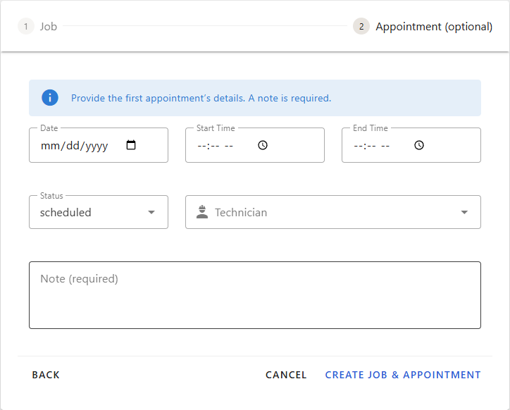 Step two of the new job wizard: date, start and end time, status, technician, and a required note