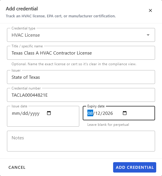 The Add credential dialog, with fields for credential type, title, issuer, credential number, issue date, and expiry date