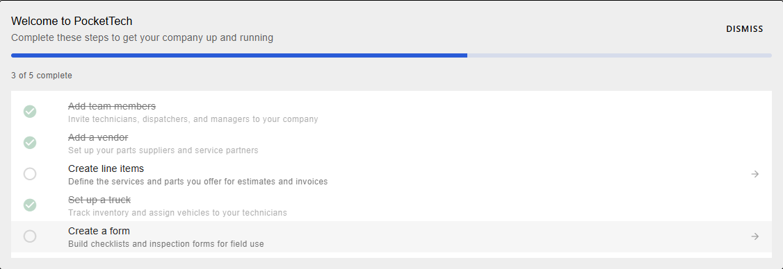 The Welcome to PocketTech setup checklist on the dashboard, showing five steps with three of five complete