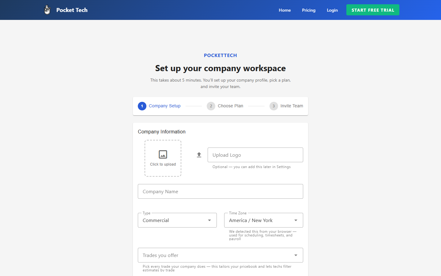 Step one of the PocketTech setup wizard: the Company Setup, Choose Plan, Invite Team progress bar above the Company Information form